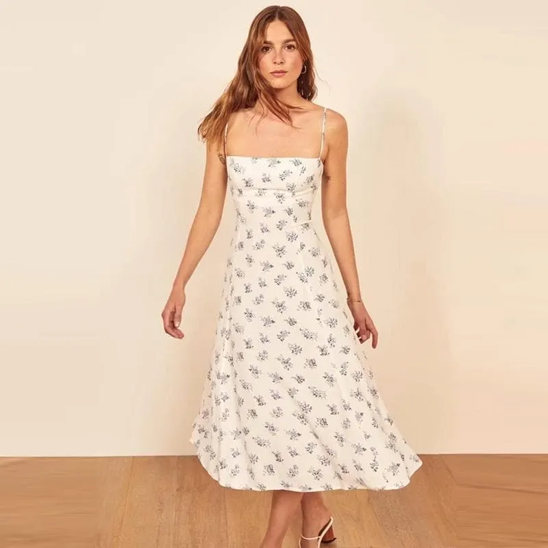 ELEGANT SLASH NECK SPAGHETTI STRAP MIDI DRESS