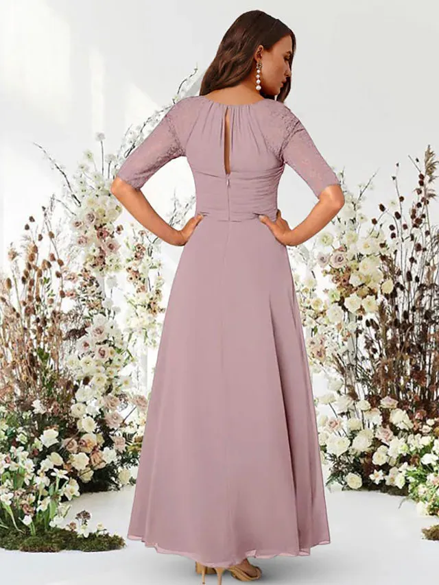 Evening Gown Elegant Dress Wedding Guest Floor Length Half Sleeve Jewel Neck Chiffon with Pleats Ruched