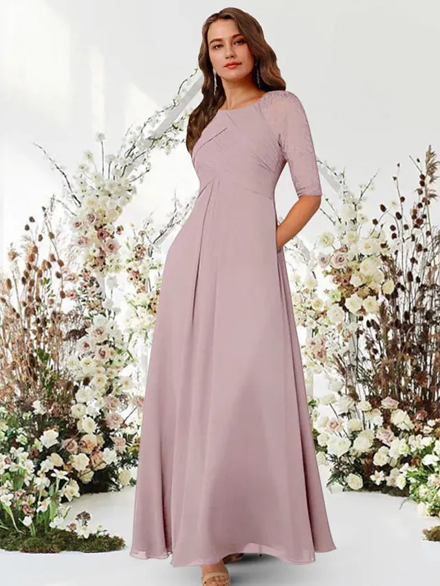 Evening Gown Elegant Dress Wedding Guest Floor Length Half Sleeve Jewel Neck Chiffon with Pleats Ruched