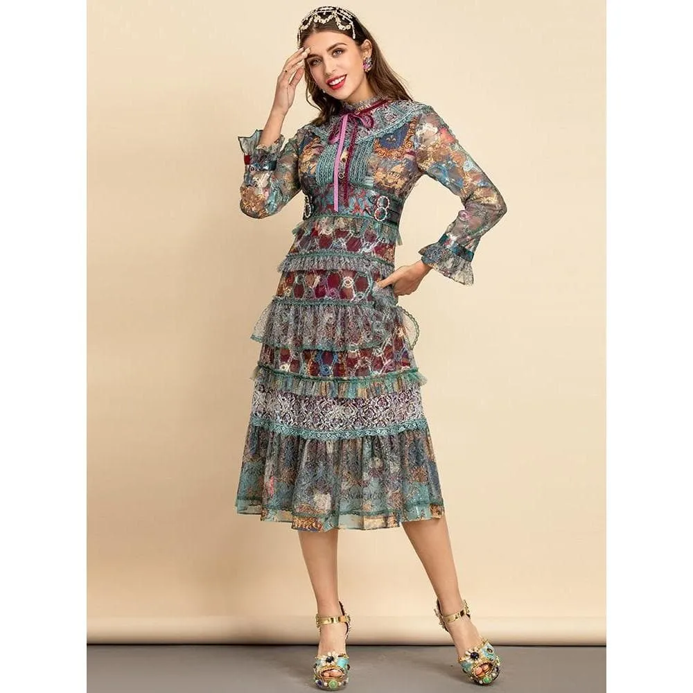Flared Sleeve Mesh Ruffles Midi Dress