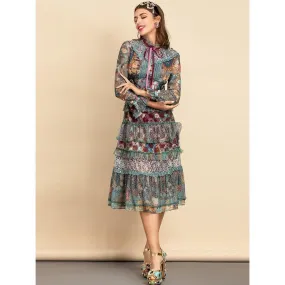 Flared Sleeve Mesh Ruffles Midi Dress