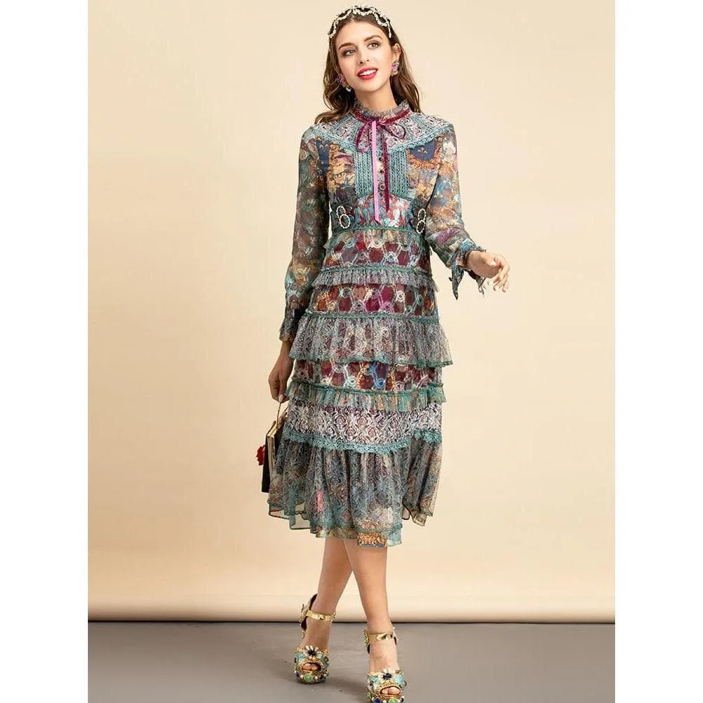 Flared Sleeve Mesh Ruffles Midi Dress