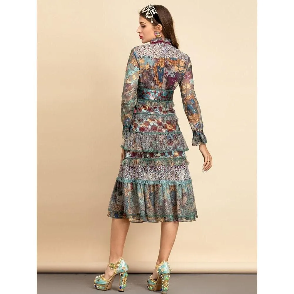 Flared Sleeve Mesh Ruffles Midi Dress