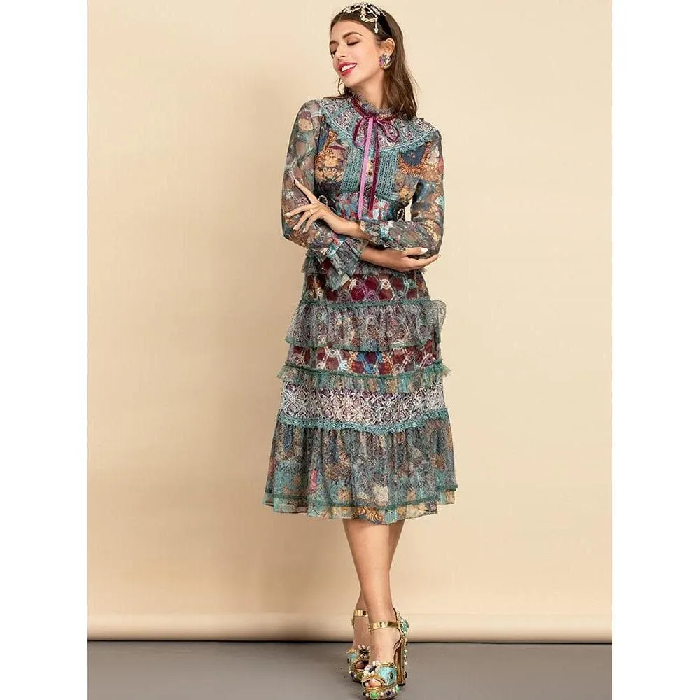 Flared Sleeve Mesh Ruffles Midi Dress