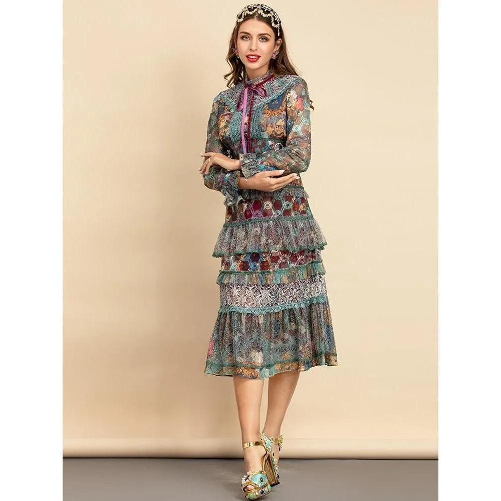 Flared Sleeve Mesh Ruffles Midi Dress