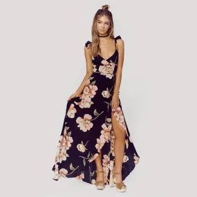Floral Backless V-Neck Maxi Dress