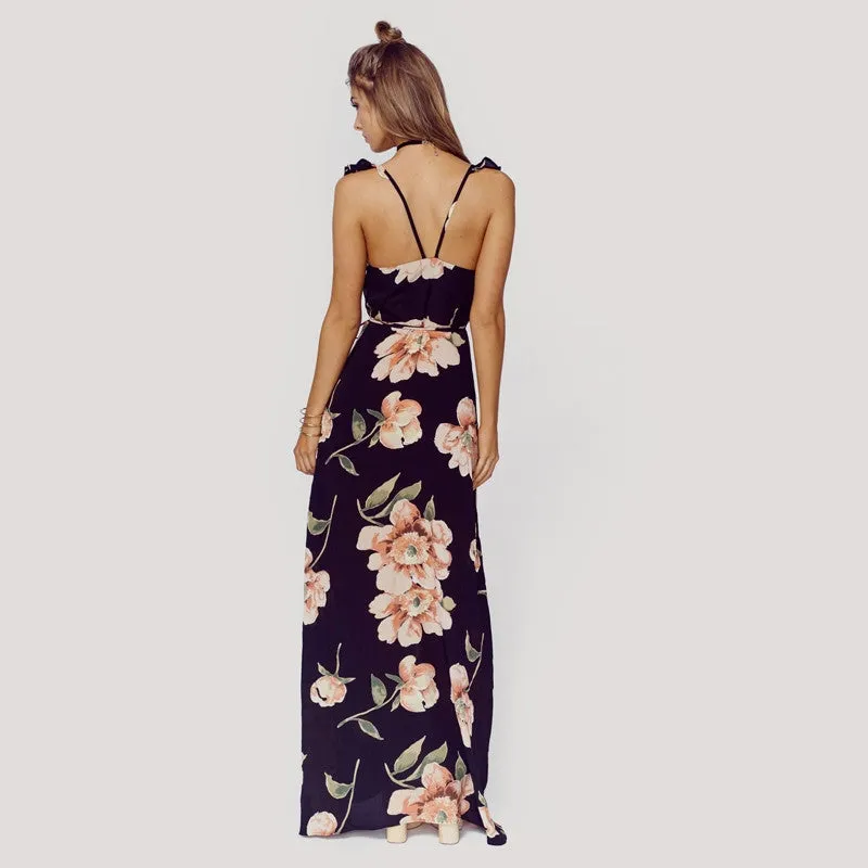 Floral Backless V-Neck Maxi Dress