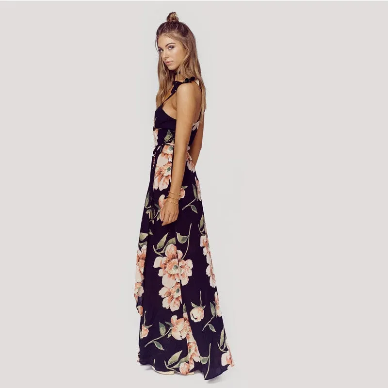 Floral Backless V-Neck Maxi Dress