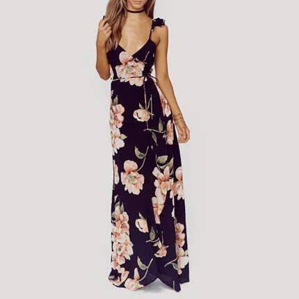 Floral Backless V-Neck Maxi Dress