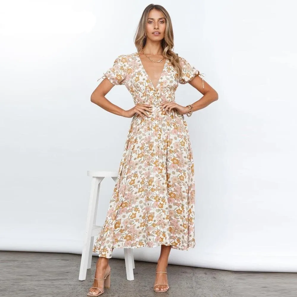 FLORAL DEEP V NECK MAXI DRESS