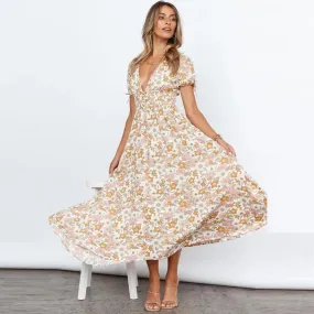 FLORAL DEEP V NECK MAXI DRESS