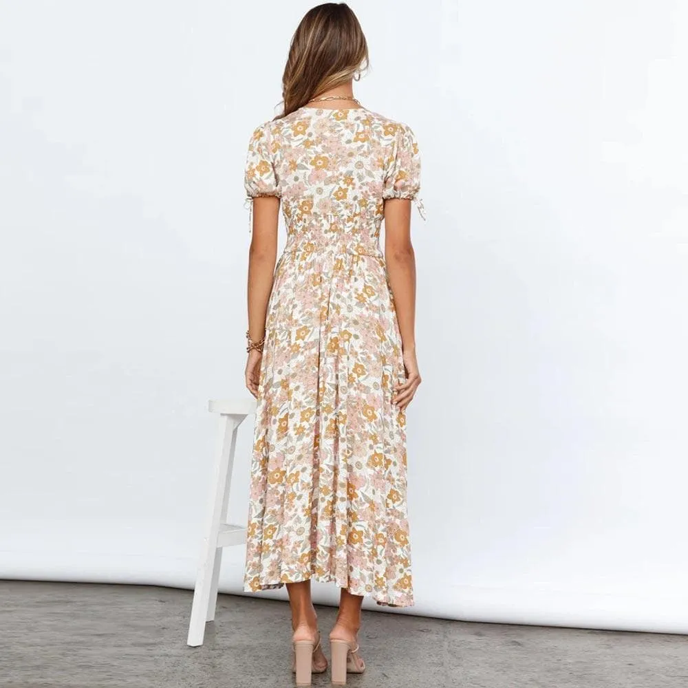 FLORAL DEEP V NECK MAXI DRESS