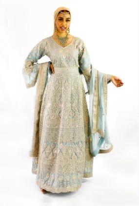 Fully embroidered Anarkali Maxi dress dusty blue