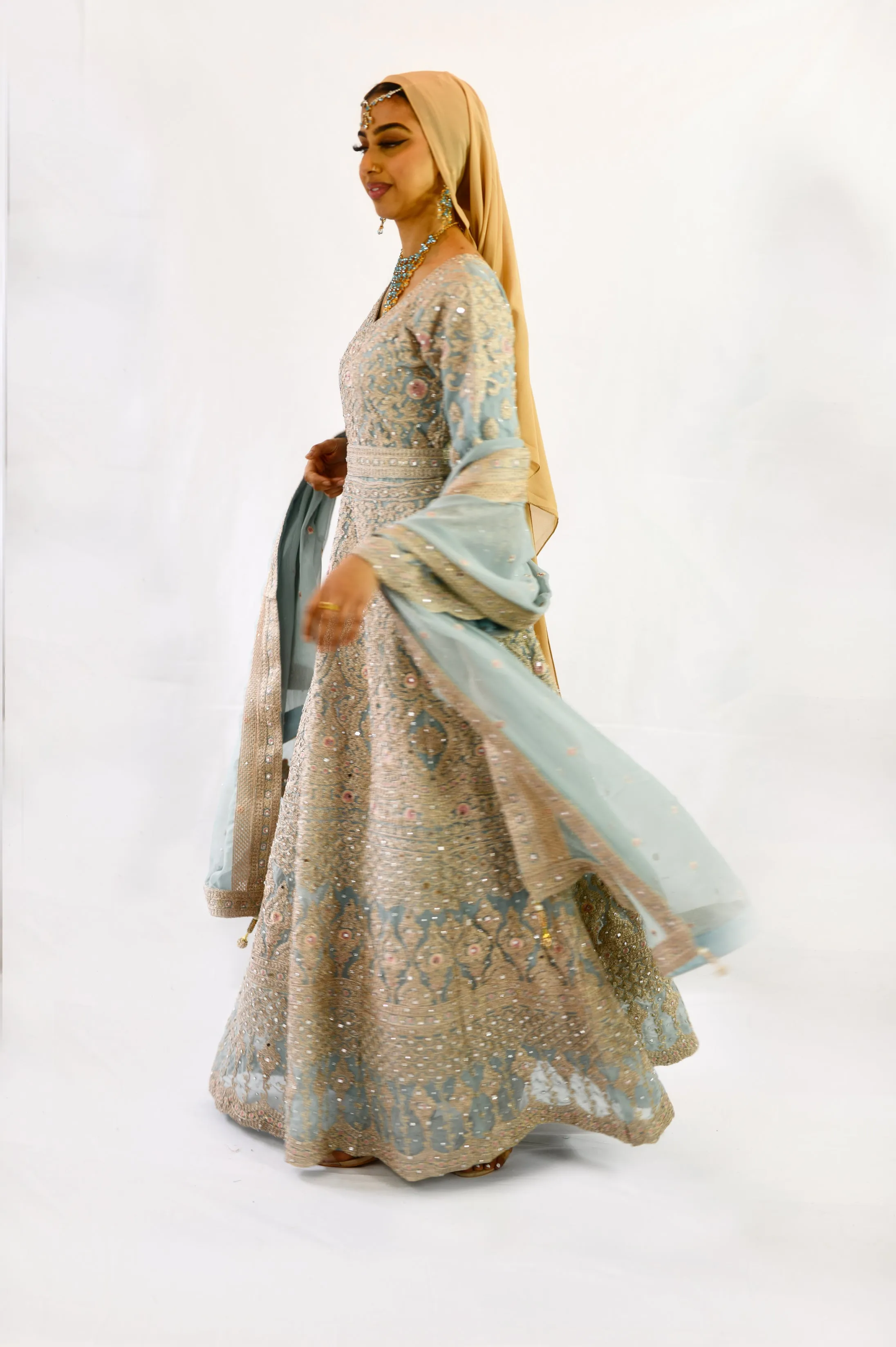 Fully embroidered Anarkali Maxi dress dusty blue