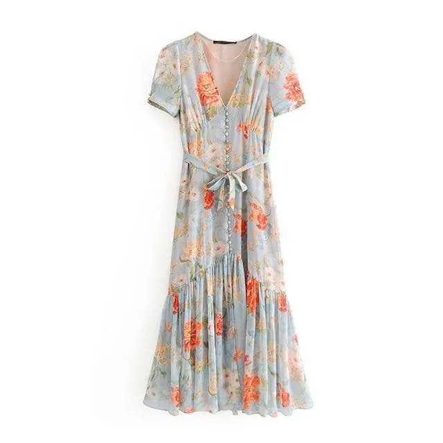 Garden Watercolor Floral Button Dress