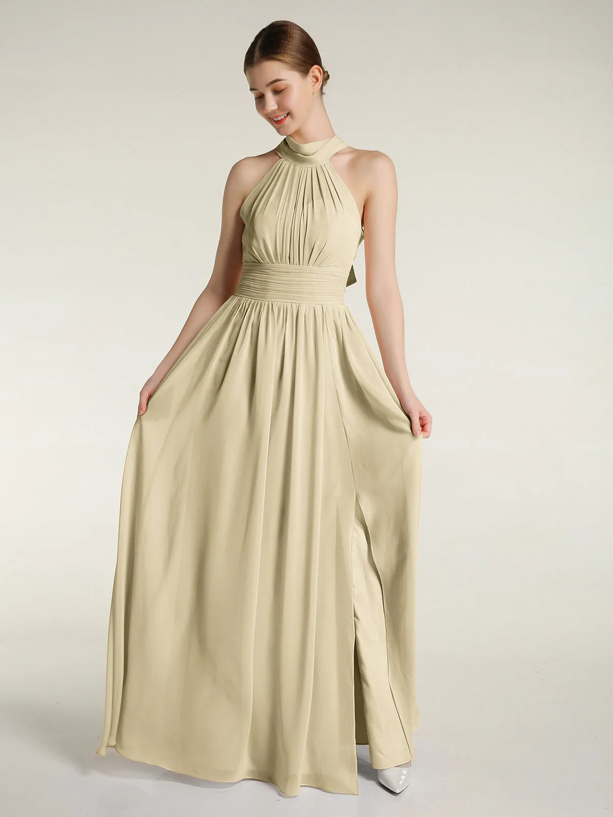 High Neck Full Length Dresses with Slit Champagne Plus Size
