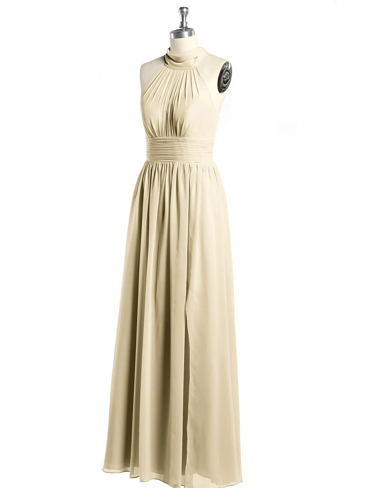 High Neck Full Length Dresses with Slit Champagne Plus Size