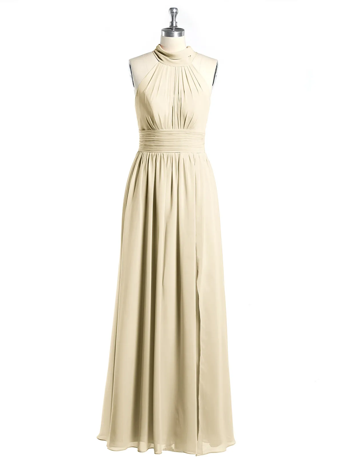 High Neck Full Length Dresses with Slit Champagne Plus Size