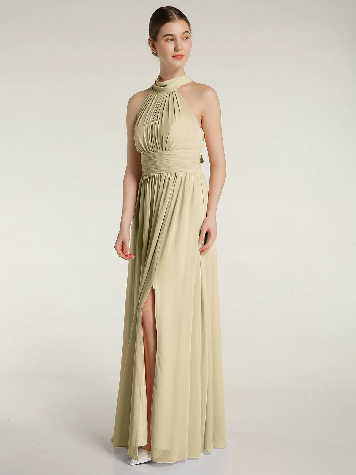 High Neck Full Length Dresses with Slit Champagne Plus Size