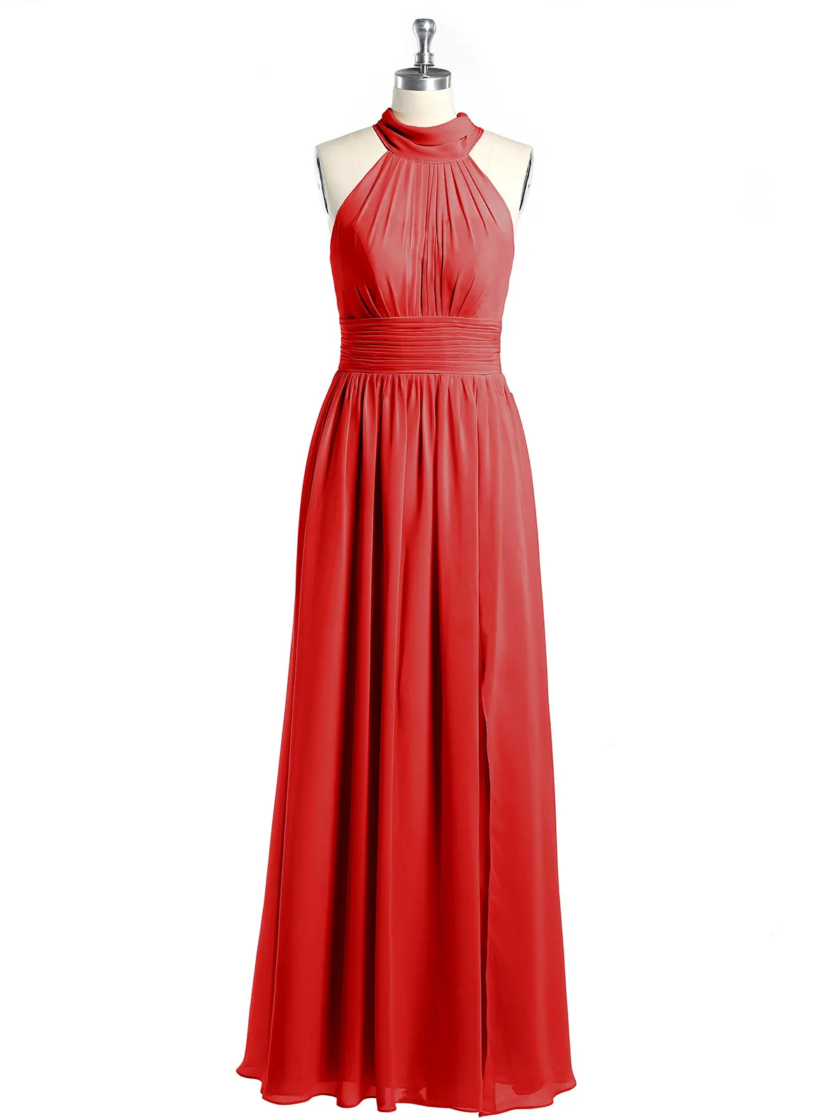 High Neck Full Length Dresses with Slit Red Plus Size
