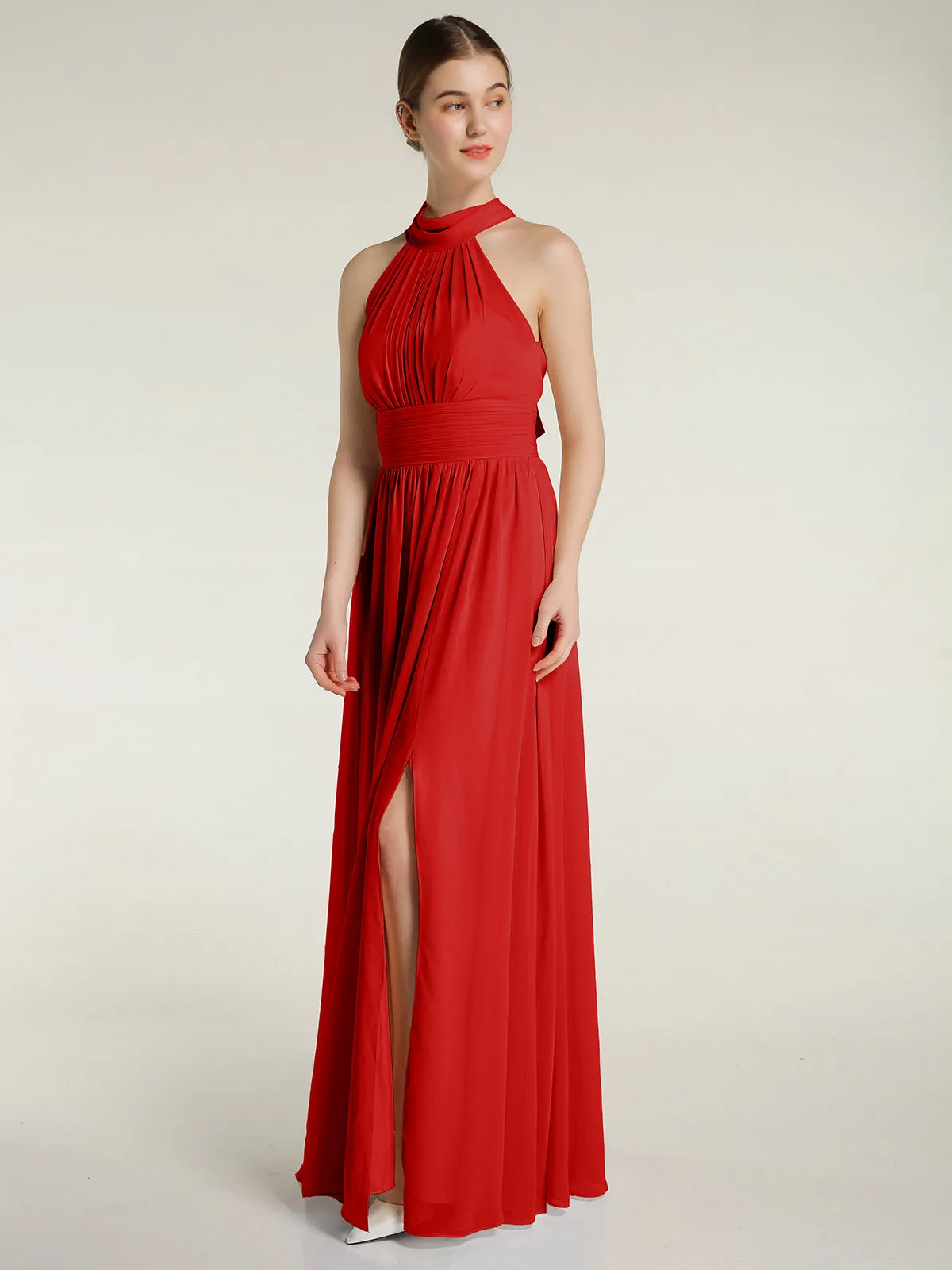 High Neck Full Length Dresses with Slit Red Plus Size