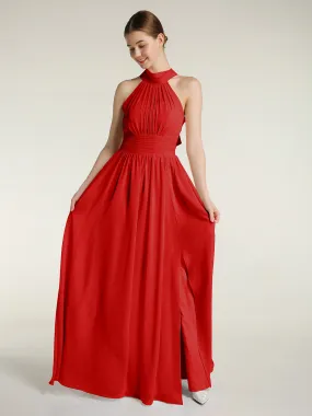 High Neck Full Length Dresses with Slit Red Plus Size