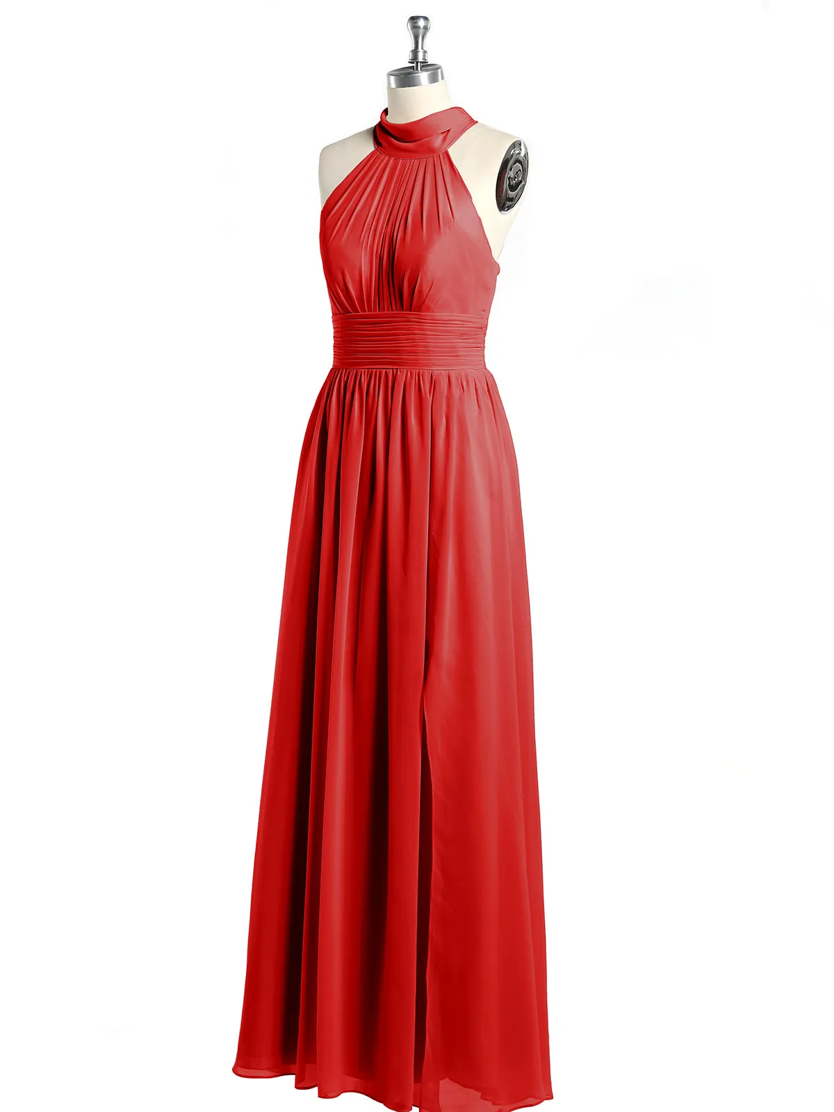High Neck Full Length Dresses with Slit Red Plus Size