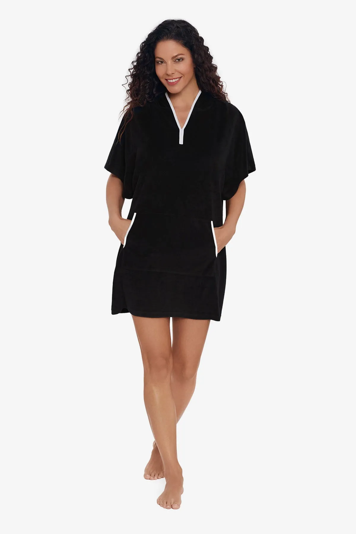 Hooded Pullover Terry Swim Cover Up - Black