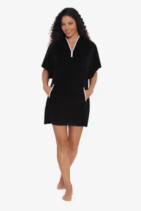 Hooded Pullover Terry Swim Cover Up - Black