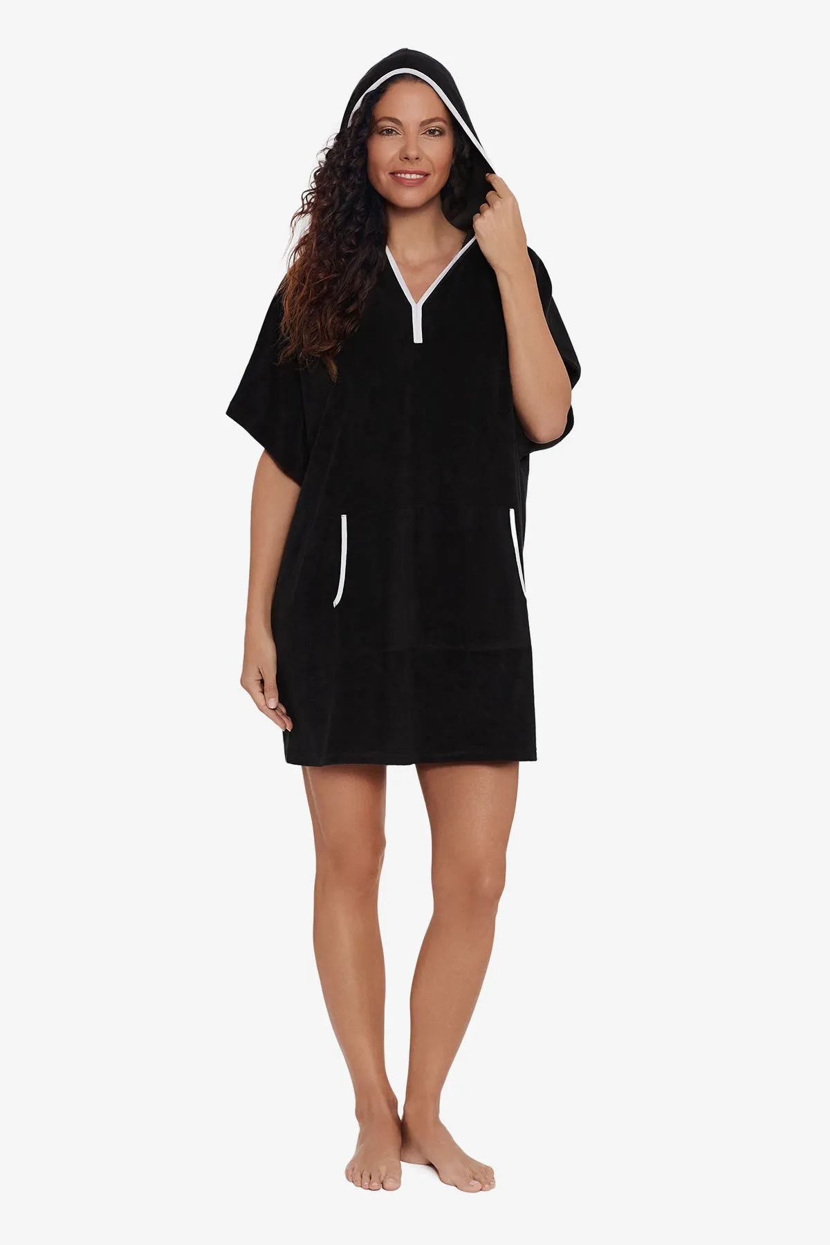 Hooded Pullover Terry Swim Cover Up - Black