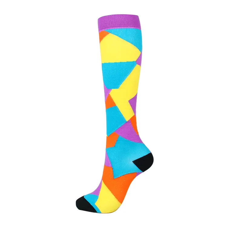 Knee-High Compression Socks Puzzle Pattern Sports Nylon Stockings for Women & Men
