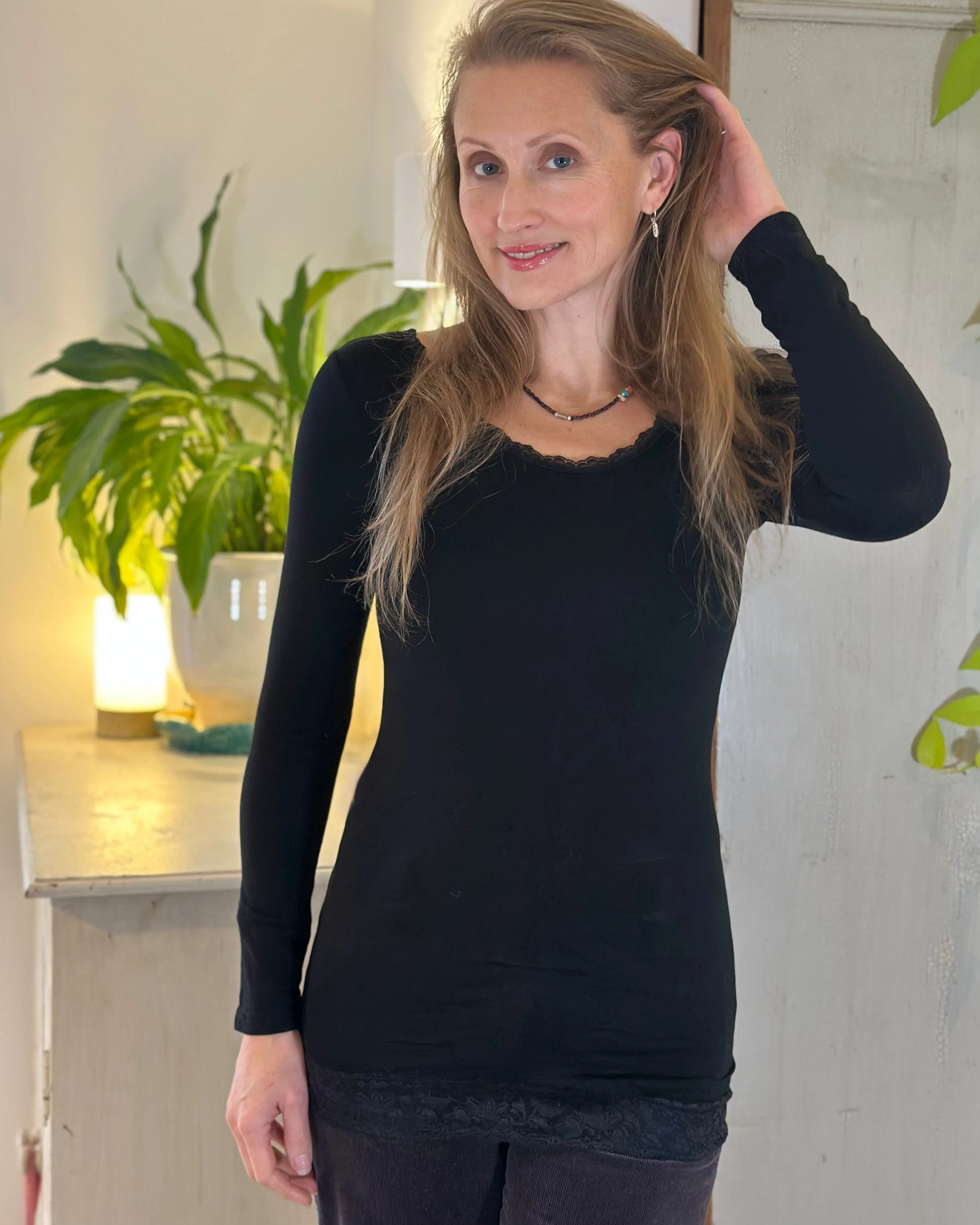 Lace Detail Thermal Top - Black