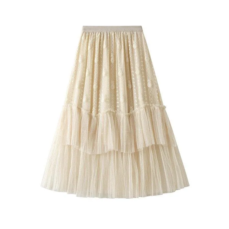 LACE PATCHWORK TULLE MIDI SKIRT
