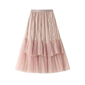 LACE PATCHWORK TULLE MIDI SKIRT