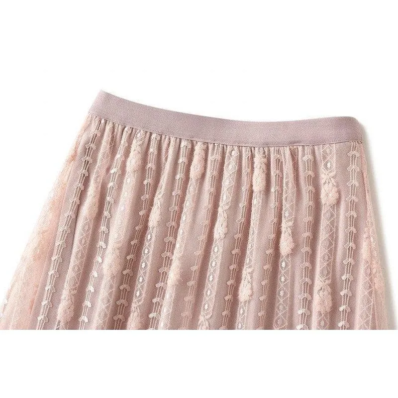 LACE PATCHWORK TULLE MIDI SKIRT