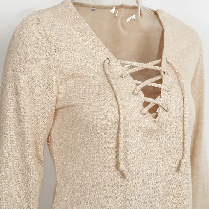 Lace Up Knitted Dress With Flare Sleeves