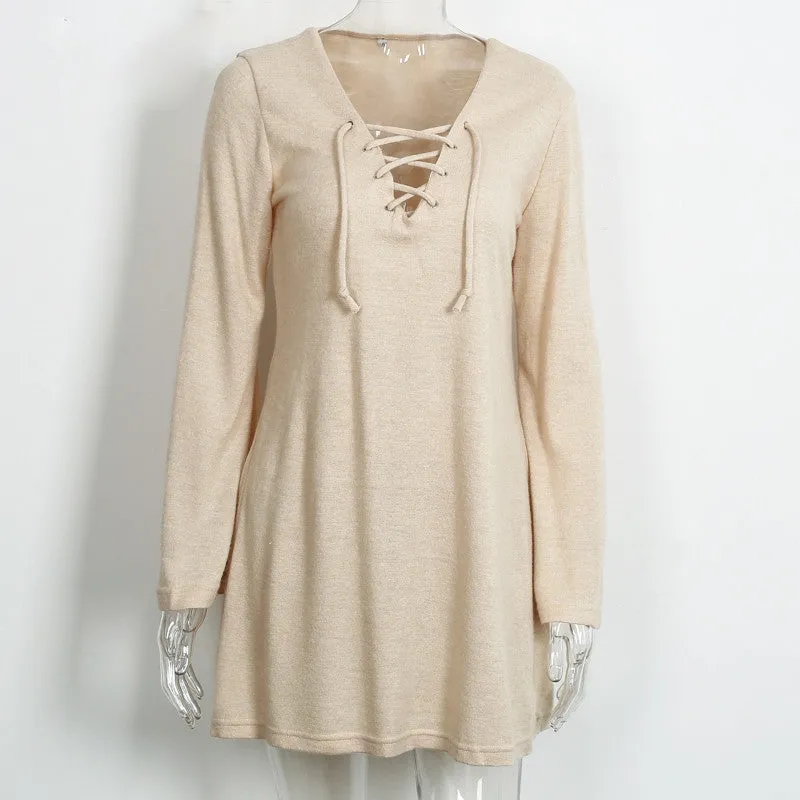 Lace Up Knitted Dress With Flare Sleeves