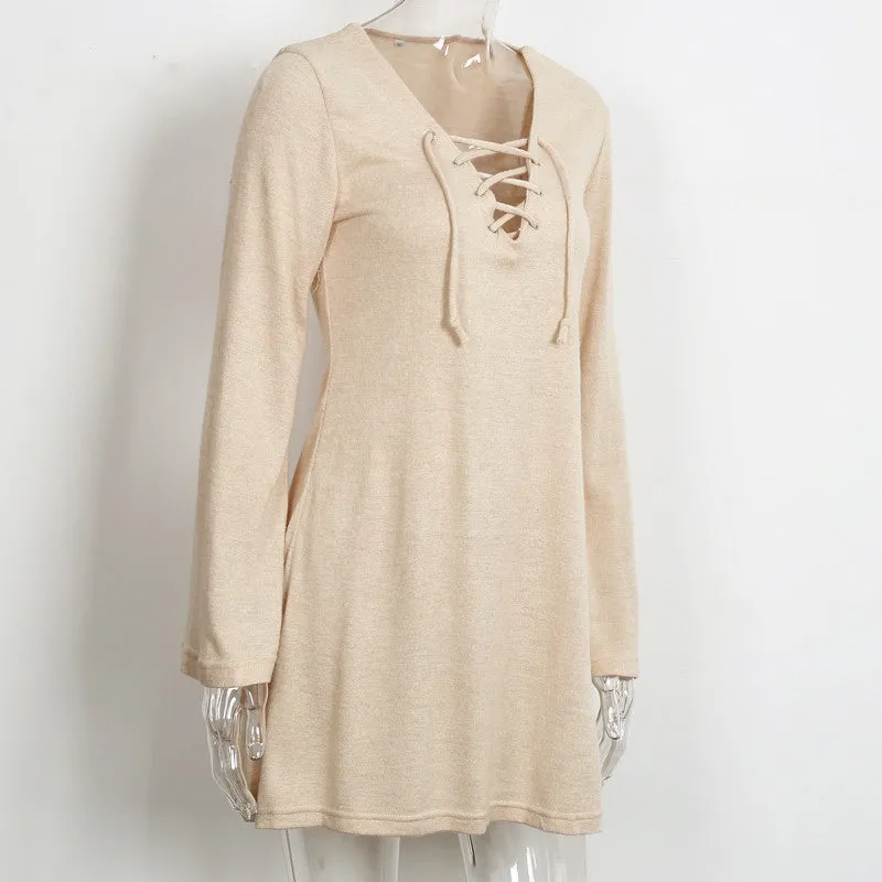 Lace Up Knitted Dress With Flare Sleeves