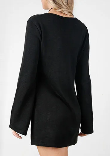 Lace Up Knitted Dress With Flare Sleeves