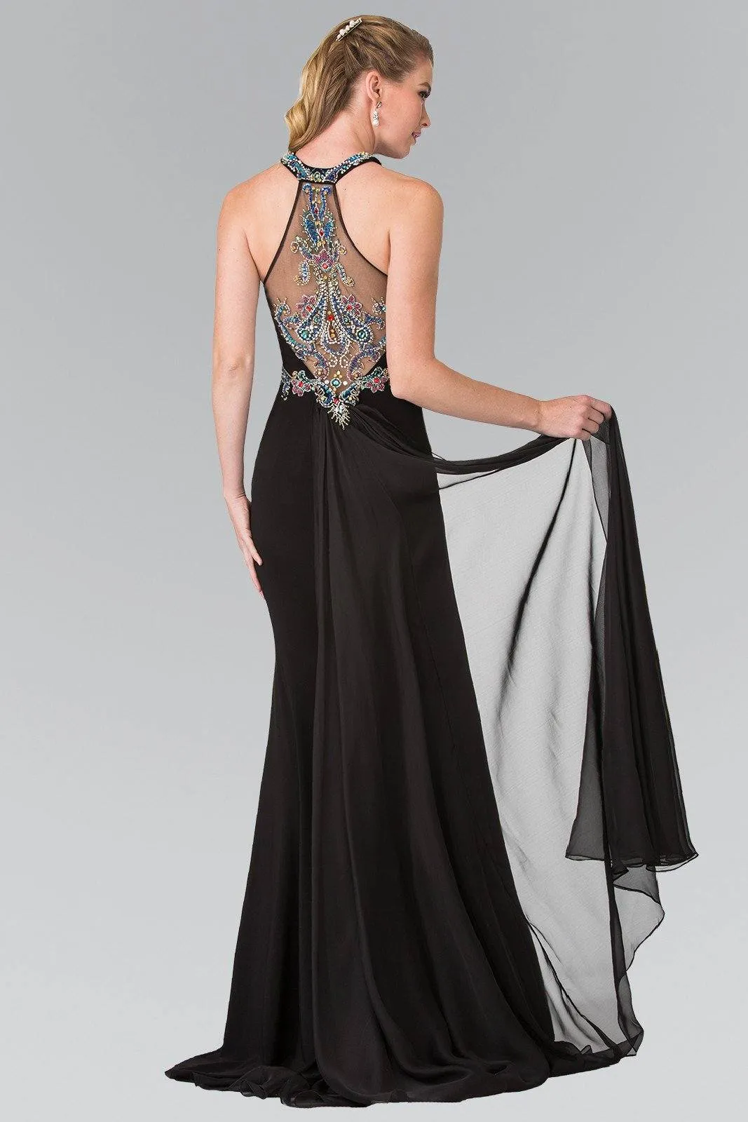 Long Beaded Halter Dress with Train by Elizabeth K GL2358