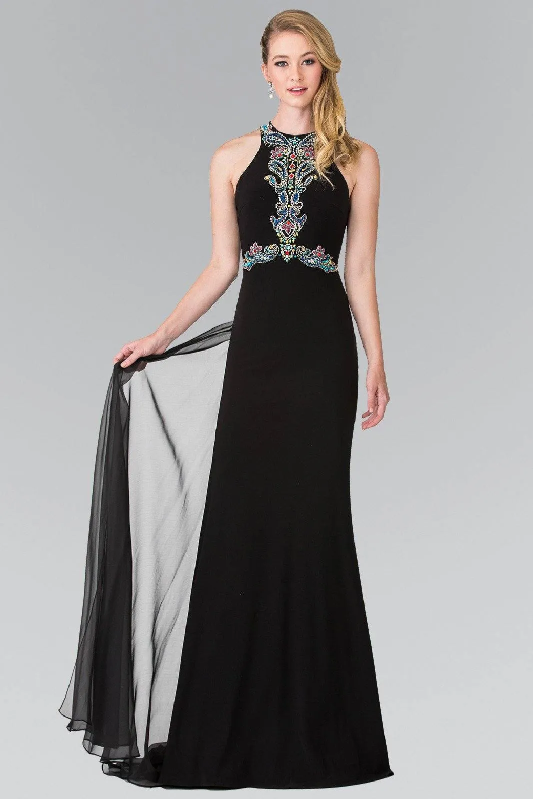 Long Beaded Halter Dress with Train by Elizabeth K GL2358