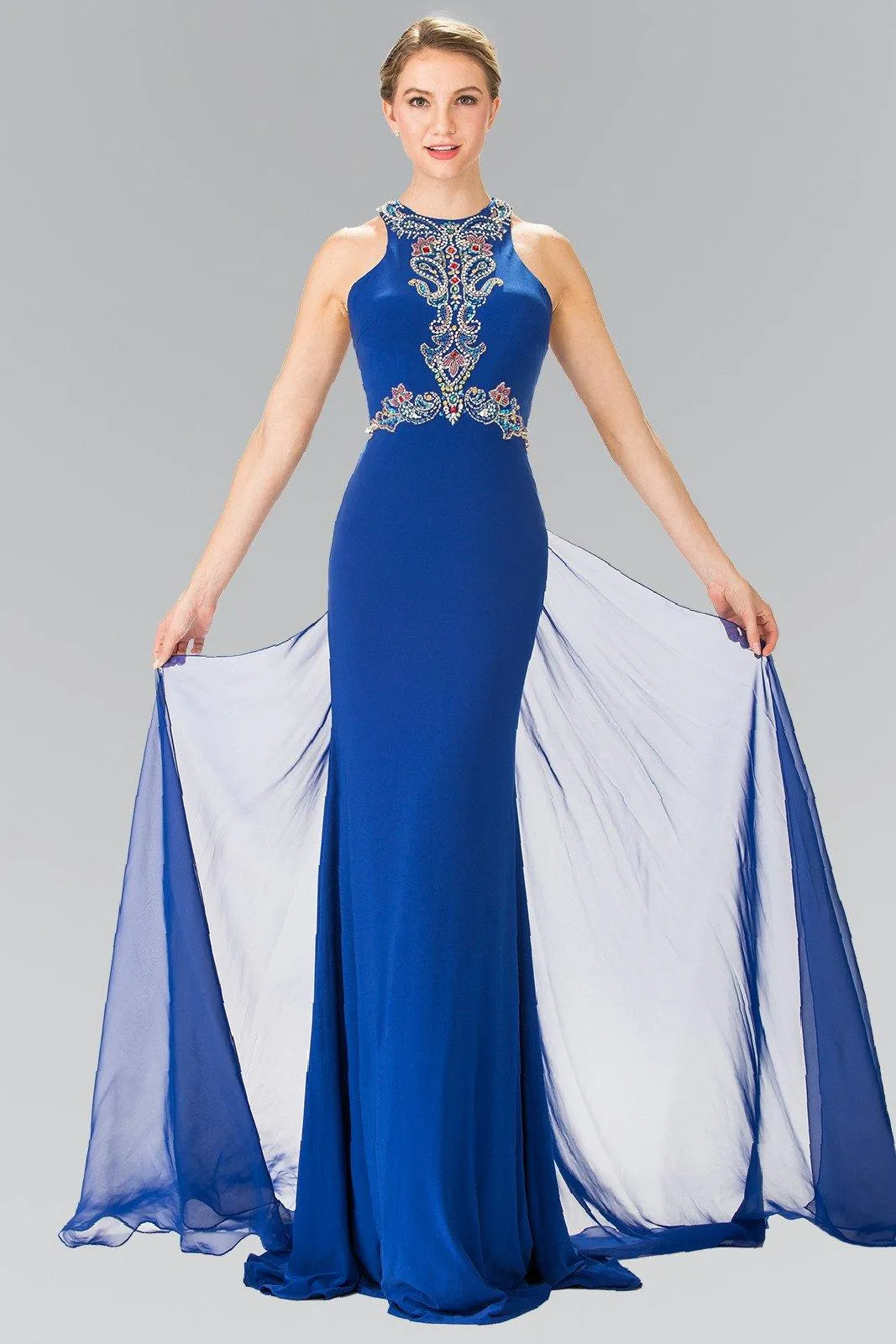 Long Beaded Halter Dress with Train by Elizabeth K GL2358