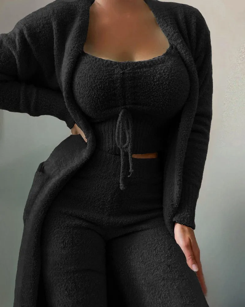 lounge set Velvet Set Crop Top Long Pants Coat 3 Pieces Suit Warm Soft Fleece