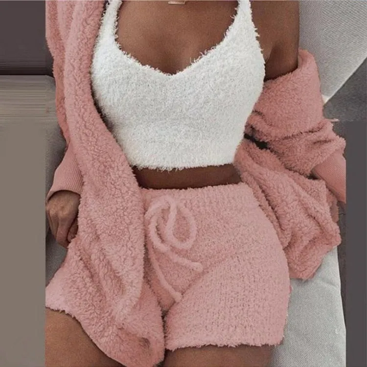 lounge set Velvet Set Crop Top Long Pants Coat 3 Pieces Suit Warm Soft Fleece