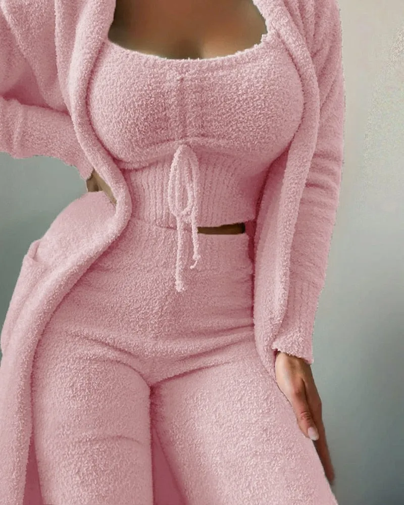lounge set Velvet Set Crop Top Long Pants Coat 3 Pieces Suit Warm Soft Fleece