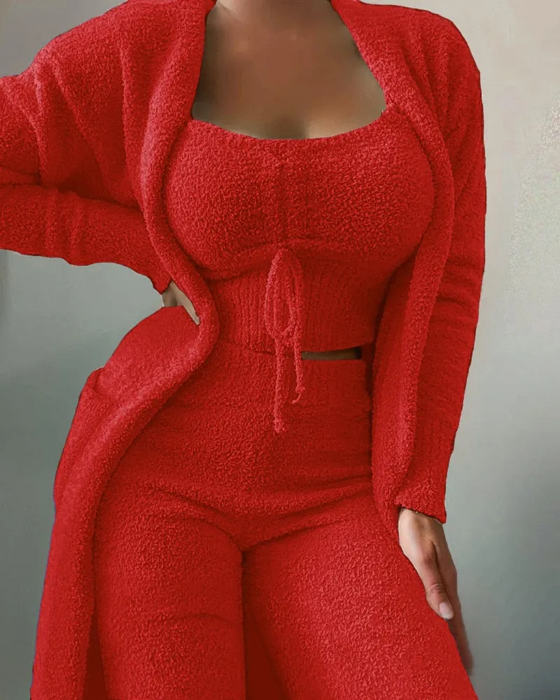lounge set Velvet Set Crop Top Long Pants Coat 3 Pieces Suit Warm Soft Fleece