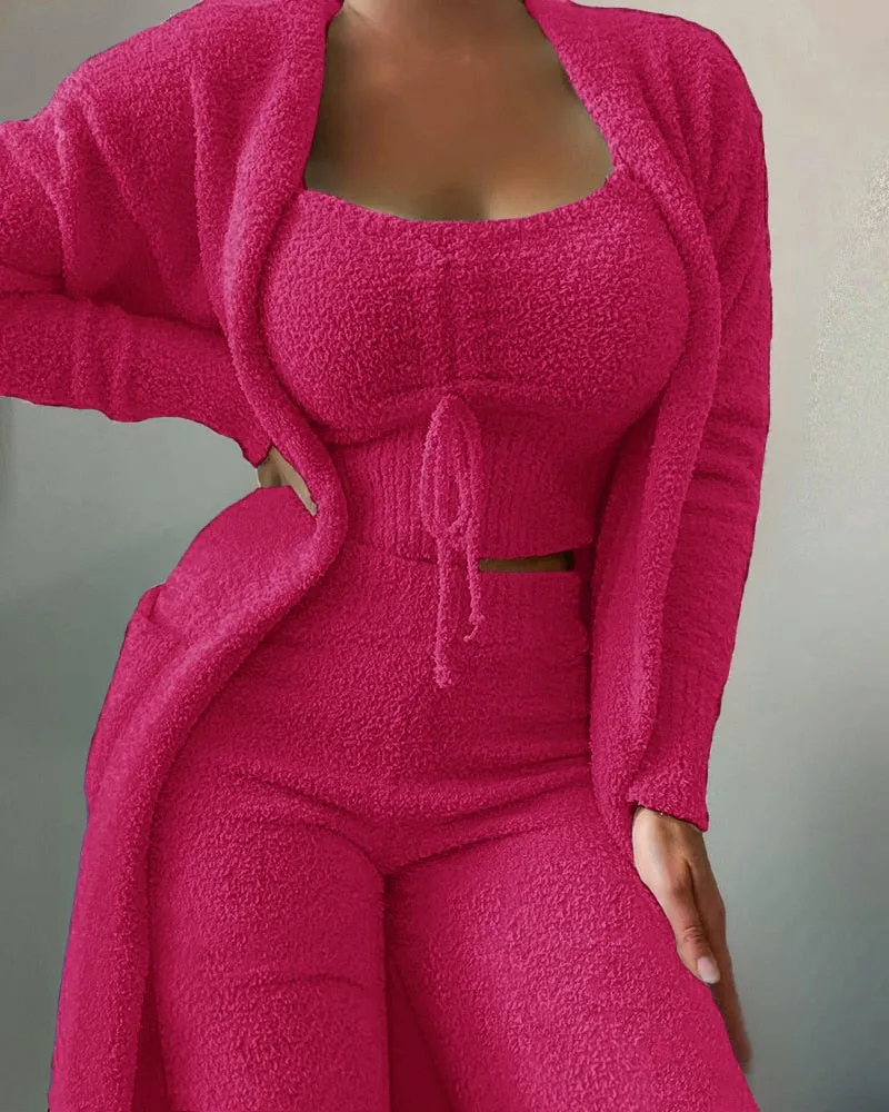 lounge set Velvet Set Crop Top Long Pants Coat 3 Pieces Suit Warm Soft Fleece