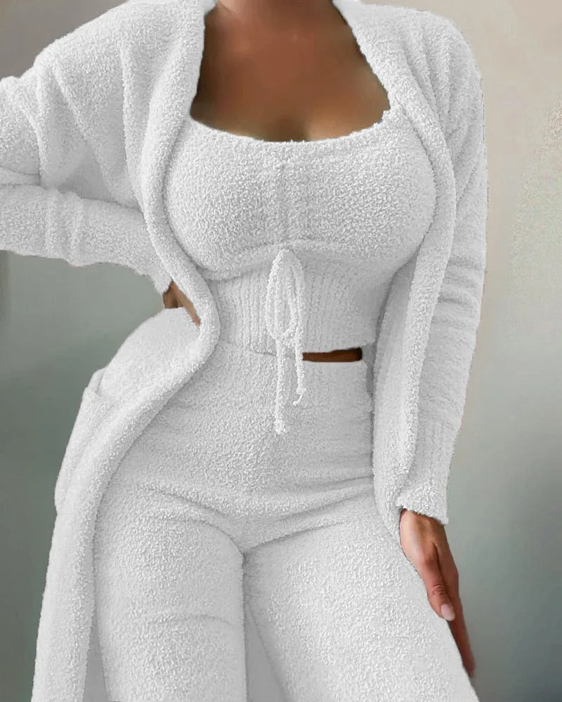 lounge set Velvet Set Crop Top Long Pants Coat 3 Pieces Suit Warm Soft Fleece