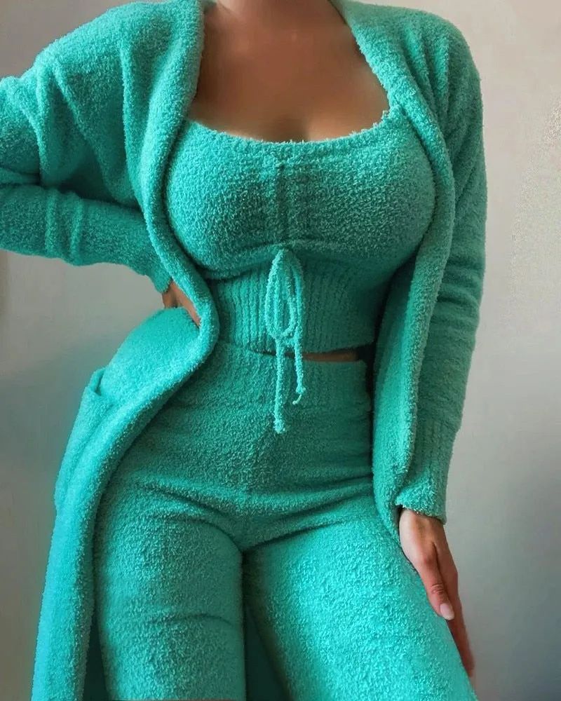 lounge set Velvet Set Crop Top Long Pants Coat 3 Pieces Suit Warm Soft Fleece