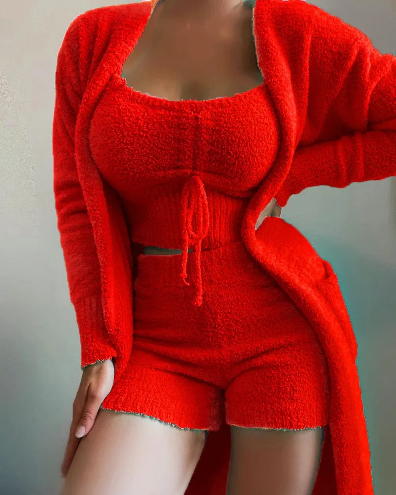 lounge set Velvet Set Crop Top Long Pants Coat 3 Pieces Suit Warm Soft Fleece